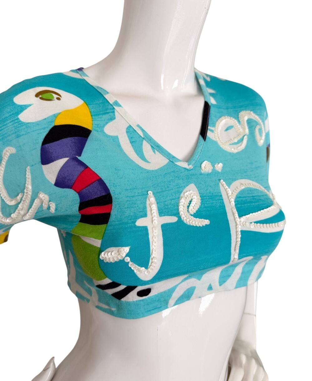 Vtg 80s Enrico Coveri Crop Top Sequin Pop Art Snake Graphic Print Wearable Art